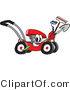 Vector Illustration of a Red Cartoon Lawn Mower Mascot Passing by with a Hoe, Rake and Shovel by Mascot Junction