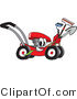 Vector Illustration of a Red Cartoon Lawn Mower Mascot Passing by with a Hoe, Rake and Shovel by Toons4Biz