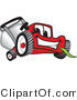 Vector Illustration of a Red Cartoon Lawn Mower Mascot Smiling and Eating Grass by Mascot Junction