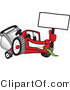 Vector Illustration of a Red Cartoon Lawn Mower Mascot Waving a Blank White Sign by Mascot Junction