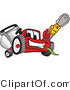 Vector Illustration of a Red Cartoon Lawn Mower Mascot Waving a Saw by Mascot Junction