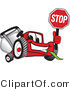 Vector Illustration of a Red Cartoon Lawn Mower Mascot Waving a Stop Sign by Mascot Junction