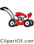 Vector Illustration of a Red Cartoon Lawn Mower Mascot Waving While Passing by by Mascot Junction