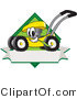 Vector Illustration of a Yellow Cartoon Lawn Mower Mascot Chewing Grass on a Blank Ribbon Label by Mascot Junction