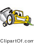 Vector Illustration of a Yellow Cartoon Lawn Mower Mascot Facing Front and Chewing on a Blade of Grass by Mascot Junction