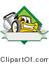 Vector Illustration of a Yellow Cartoon Lawn Mower Mascot Facing Front on a Diamond Shaped Logo with a Blank White Banner by Mascot Junction
