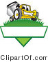 Vector Illustration of a Yellow Cartoon Lawn Mower Mascot on a Triangle Logo with a White Label by Mascot Junction