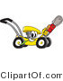 Vector Illustration of a Yellow Cartoon Lawn Mower Mascot Passing by and Carrying a Saw by Mascot Junction