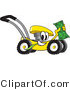 Vector Illustration of a Yellow Cartoon Lawn Mower Mascot Passing by and Waving Cash in the Air by Toons4Biz