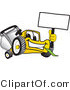 Vector Illustration of a Yellow Cartoon Lawn Mower Mascot Waving a Blank Sign by Toons4Biz