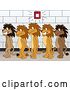 Vector Illustration of Cartoon Lion Mascots in Line During a Fire Drill, Symbolizing Safety by Mascot Junction